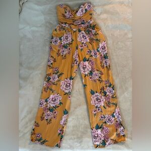Band of Gypsies Mustard Floral Wide-Leg Jumpsuit Pants with Pink Blossoms